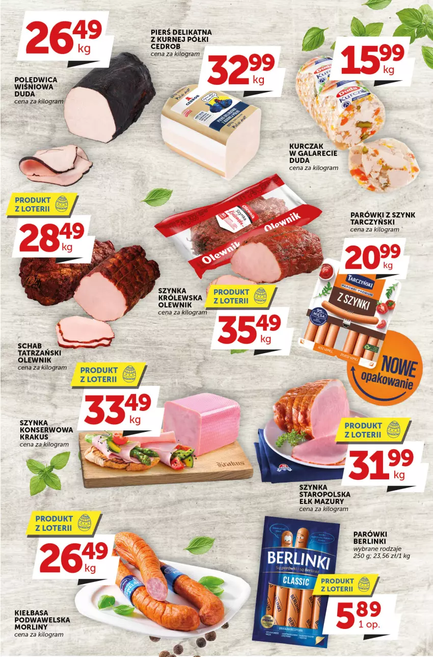 Gazetka promocyjna Groszek - ważna 08.03 do 21.03.2023 - strona 8 - produkty: Berlinki, Duda, Gala, Gra, Kiełbasa, Kiełbasa podwawelska, Krakus, Kurczak, Morliny, Olewnik, Parówki, Polędwica, Ser, Szynka, Szynka konserwowa, Wawel