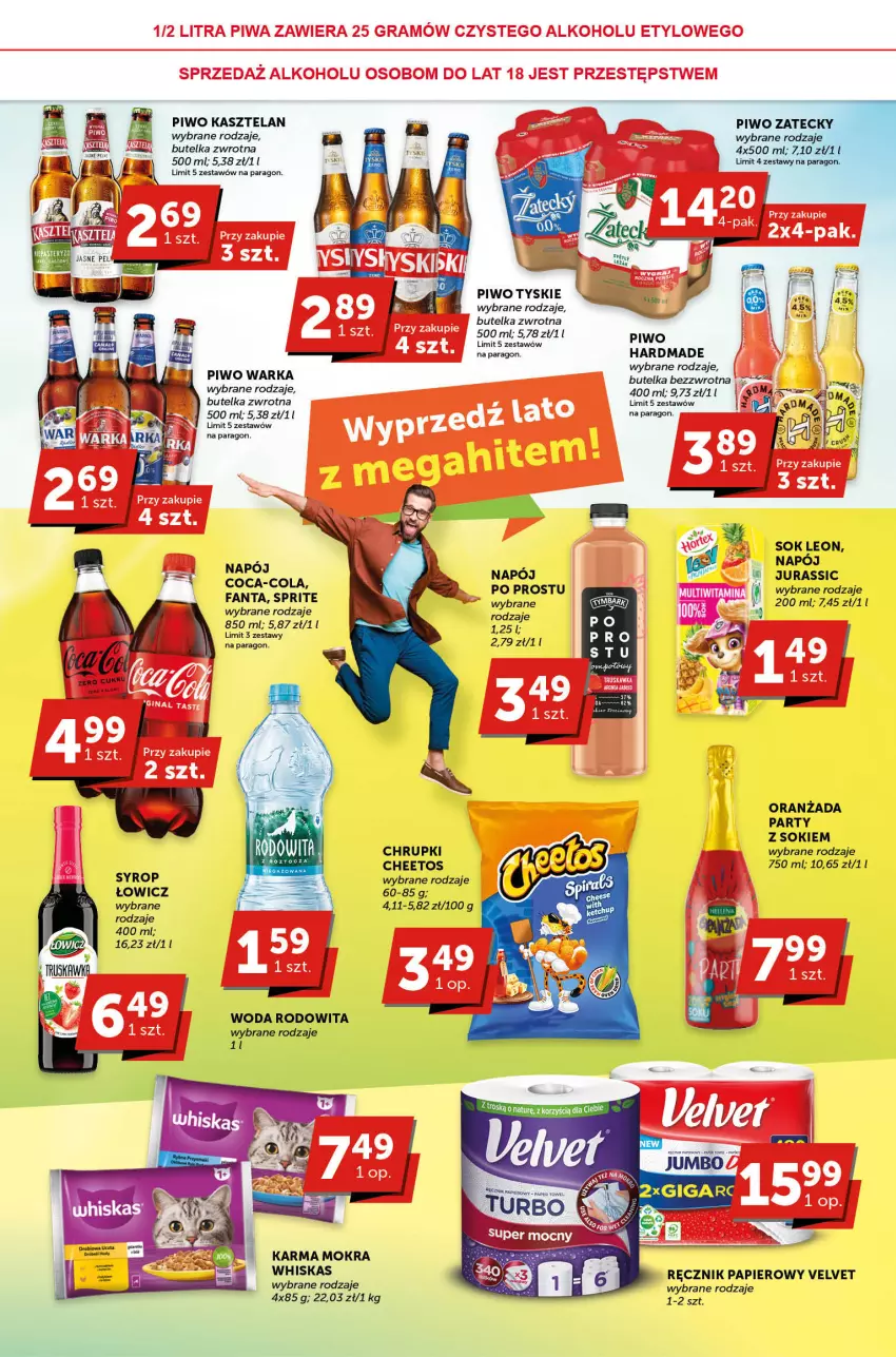 Gazetka promocyjna Groszek - ważna 01.06 do 13.06.2023 - strona 4 - produkty: Cheetos, Chrupki, Coca-Cola, Fa, Fanta, Kasztelan, Leon, Napój, Oranżada, Papier, Piwo, Ręcznik, Sok, Sprite, Syrop, Velvet, Warka, Whiskas, Woda