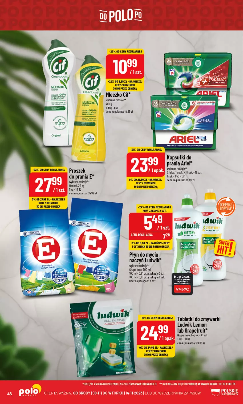 Gazetka promocyjna PoloMarket - Gazetka pomocyjna - ważna 08.11 do 14.11.2023 - strona 48 - produkty: Ariel, BIC, Cif, Gra, Ludwik, Mleczko, Płyn do mycia, Zmywarki