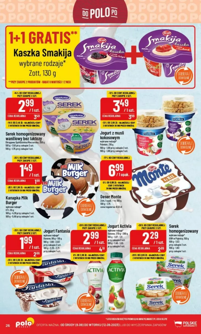 Gazetka promocyjna PoloMarket - ważna 06.09 do 12.09.2023 - strona 19 - produkty: Activia, Burger, Danone, Deser, Fa, Fanta, Jogurt, Monte, Mus, Polmiek, Ser, Serek, Serek homogenizowany, Zott