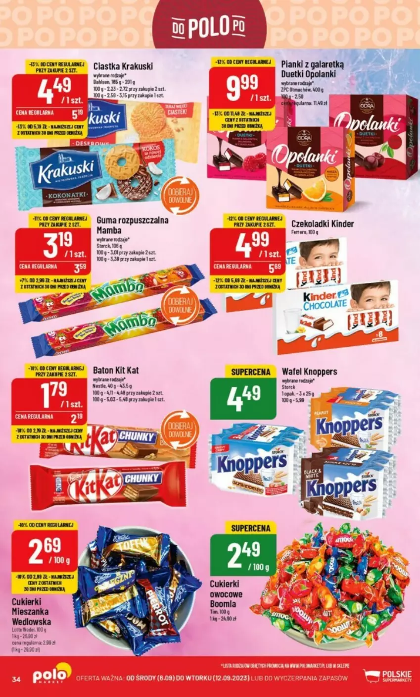 Gazetka promocyjna PoloMarket - ważna 06.09 do 12.09.2023 - strona 28 - produkty: Ciastka, Cukier, Cukierki, Ferrero, Guma rozpuszczalna, Kinder, Knoppers, Krakus, Krakuski, Mamba