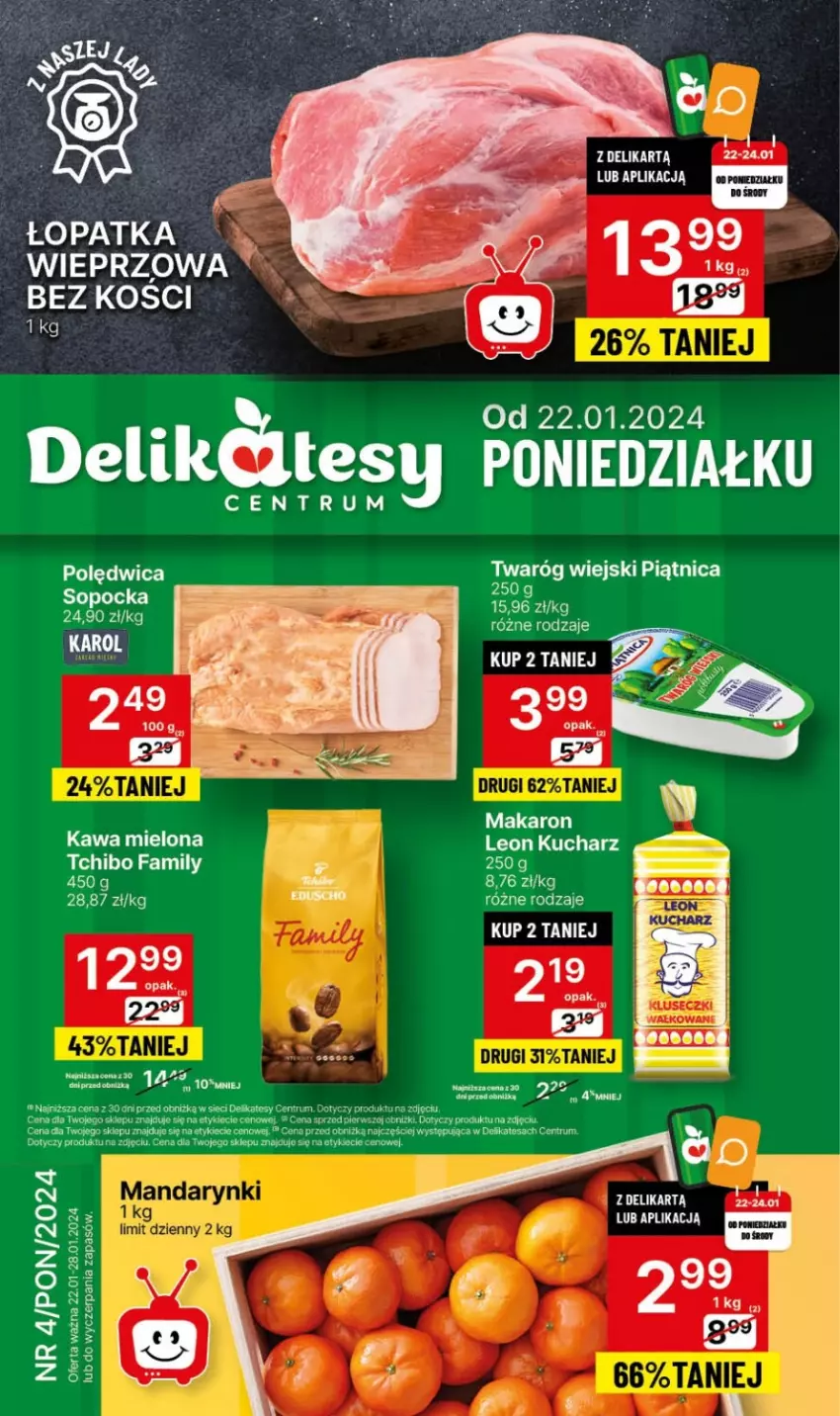 Gazetka promocyjna Delikatesy Centrum - NOWA GAZETKA Delikatesy Centrum od 22 stycznia! 22-28.01.2024 - ważna 22.01 do 28.01.2024 - strona 1 - produkty: Kawa, Kawa mielona, Leon, Makaron, Piątnica, Polędwica, Rum, Twaróg