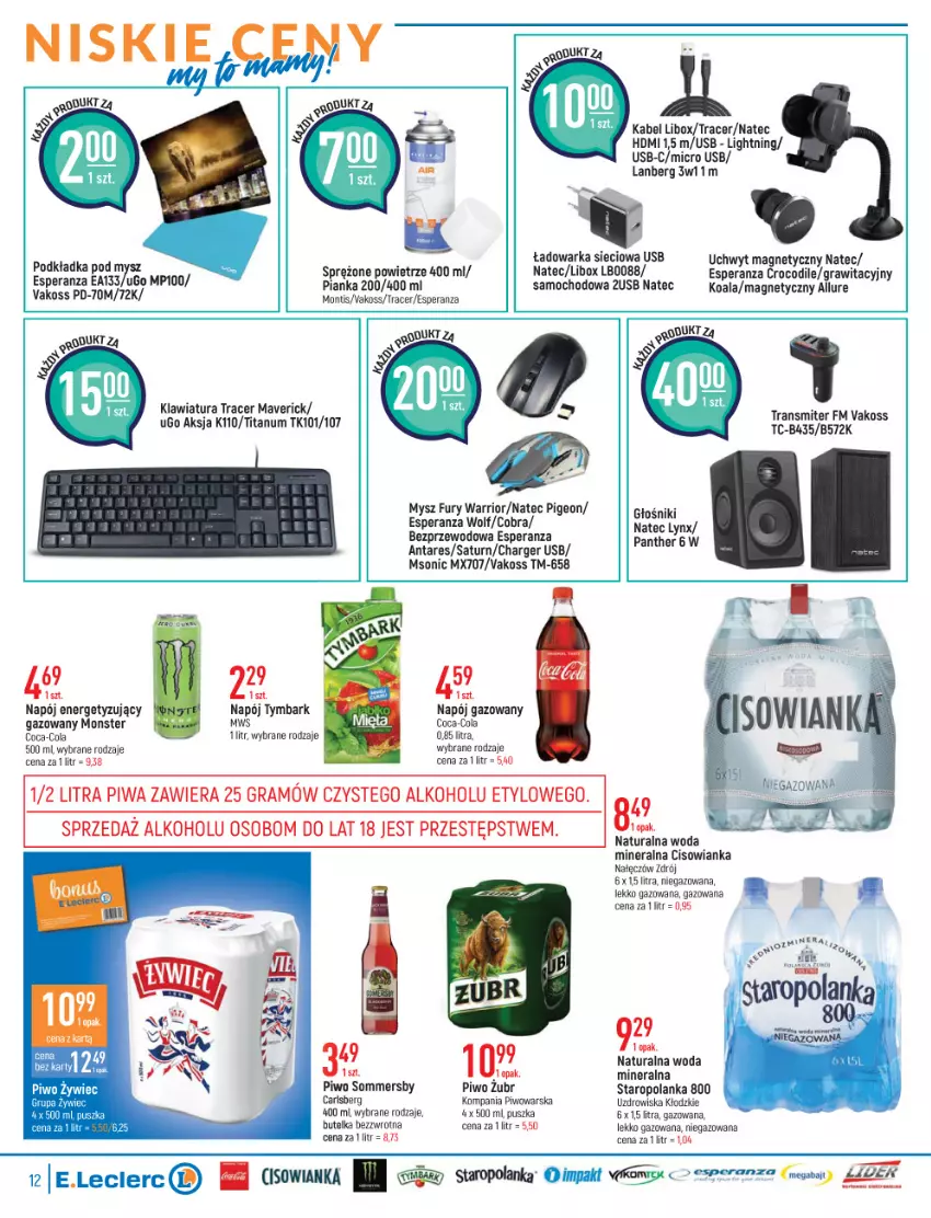 Gazetka promocyjna E Leclerc - ważna 04.01 do 15.01.2022 - strona 12 - produkty: Acer, Cisowianka, Coca-Cola, Gin, Gra, Klawiatura, Mysz, Napój, Napój gazowany, Piwa, Piwo, Staropolanka, Tran, Transmiter, Tymbark, Warka, Woda