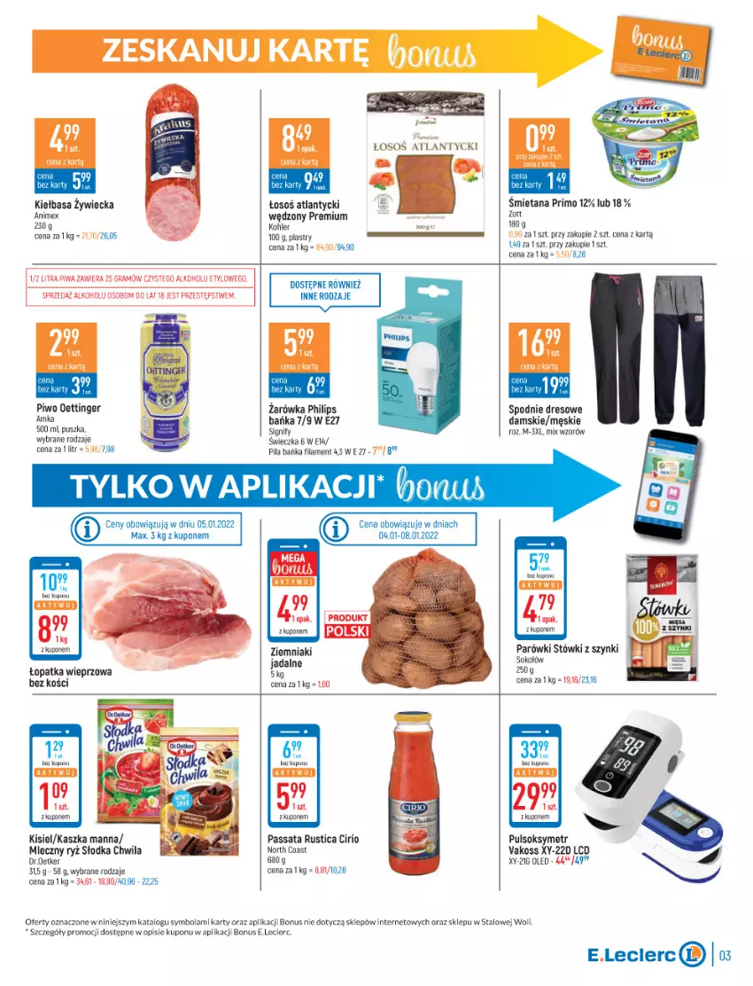 Gazetka promocyjna E Leclerc - ważna 04.01 do 15.01.2022 - strona 3 - produkty: Dres, Fa, Gra, Kiełbasa, Kisiel, Parówki, Philips, Piwa, Piwo, Por, Pulsoksymetr, Rust, Ryż, Słodka Chwila, Sok, Sokołów, Spodnie, Spodnie dresowe, Ziemniaki, Zott