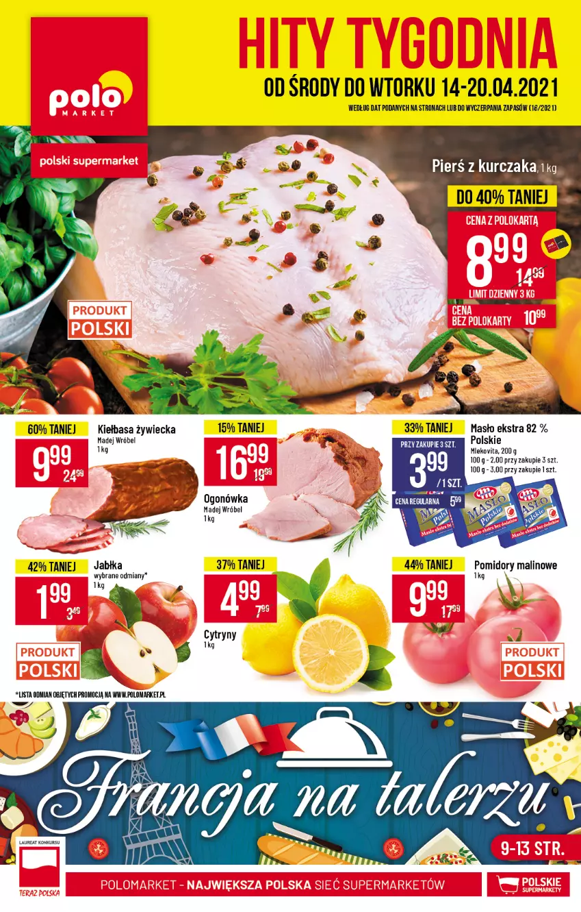 Gazetka promocyjna PoloMarket - Gazetka promocyjna  r - ważna 14.04 do 20.04.2021 - strona 1 - produkty: Cytryny, Jabłka, Kiełbasa, Kurczak, Madej Wróbel, Masło, Mleko, Mlekovita, Pomidory