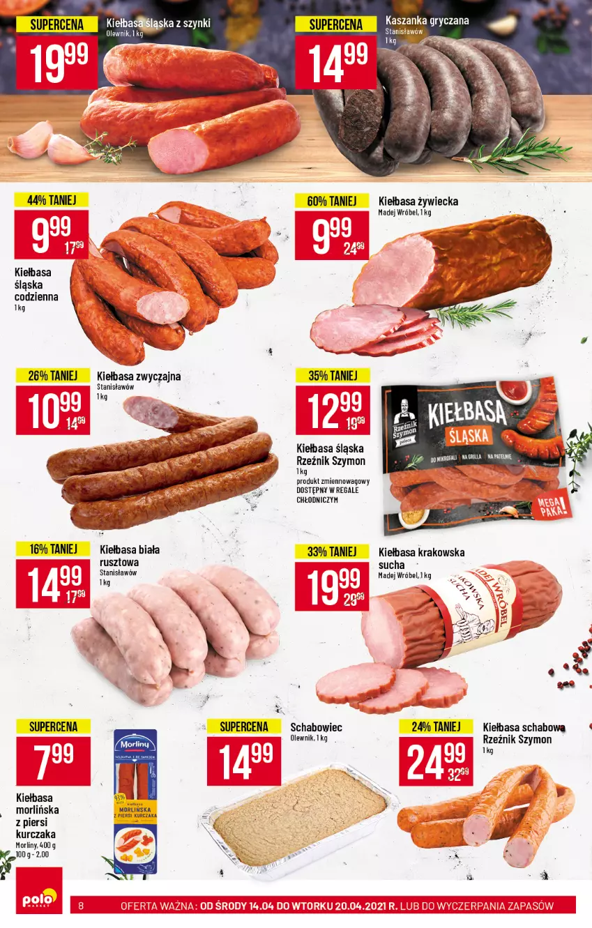 Gazetka promocyjna PoloMarket - Gazetka promocyjna  r - ważna 14.04 do 20.04.2021 - strona 8 - produkty: Gry, Kiełbasa, Kiełbasa biała, Kiełbasa krakowska, Kiełbasa schabowa, Kiełbasa śląska, Kurczak, Madej Wróbel, Morliny, Olewnik