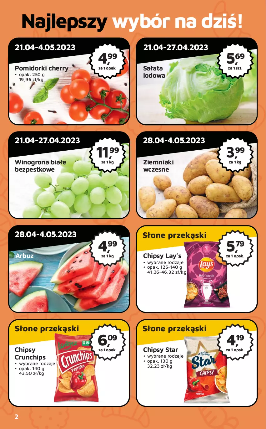 Gazetka promocyjna Odido - Gazetka - ważna 21.04 do 04.05.2023 - strona 2 - produkty: Arbuz, Chipsy, Crunchips, Lay’s, Pomidorki, Sałat, Sałata lodowa, Wino, Winogrona, Ziemniaki