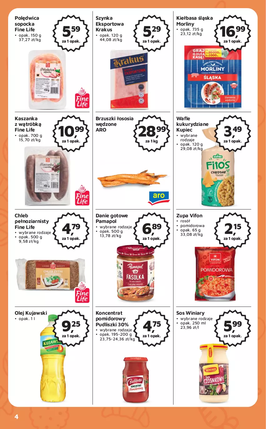 Gazetka promocyjna Odido - Gazetka - ważna 21.04 do 04.05.2023 - strona 4 - produkty: Chleb, Danie gotowe, Kasza, Kaszanka, Kiełbasa, Kiełbasa śląska, Koncentrat pomidorowy, Krakus, Kujawski, Kupiec, Morliny, Olej, Piec, Polędwica, Por, Pudliszki, Rosół, Sos, Sport, Szynka, Wafle, Winiary, Zupa