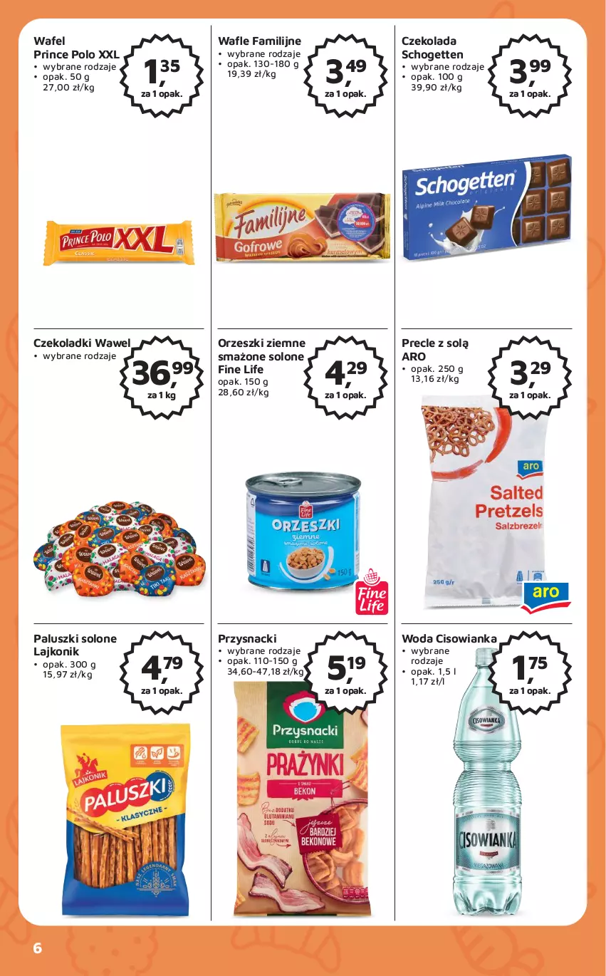 Gazetka promocyjna Odido - Gazetka - ważna 21.04 do 04.05.2023 - strona 6 - produkty: Cisowianka, Czekolada, Fa, Lajkonik, Orzeszki, Orzeszki ziemne, Precle, Prince Polo, Przysnacki, Schogetten, Wafle, Wawel, Woda