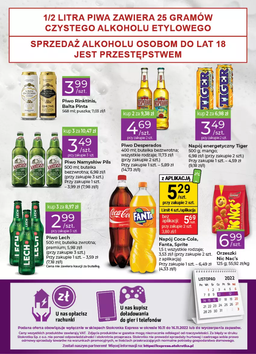 Gazetka promocyjna Stokrotka - Stokrotka Express - ważna 10.11 do 16.11.2022 - strona 4 - produkty: AEG, Coca-Cola, Desperados, Fa, Fanta, Mango, Napój, Napój energetyczny, Orzeszki, Piwo, Sprite, Telefon, Tiger, Top