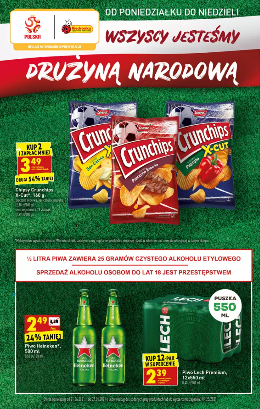 Gazetka promocyjna Biedronka - Wszyscy jesteśmy drużyną narodową - ważna 21.06 do 27.06.2021 - strona 1 - produkty: Chipsy, Crunchips, Gra, Heineken, Lech Premium, Papryka, Piec, Piwa, Piwo