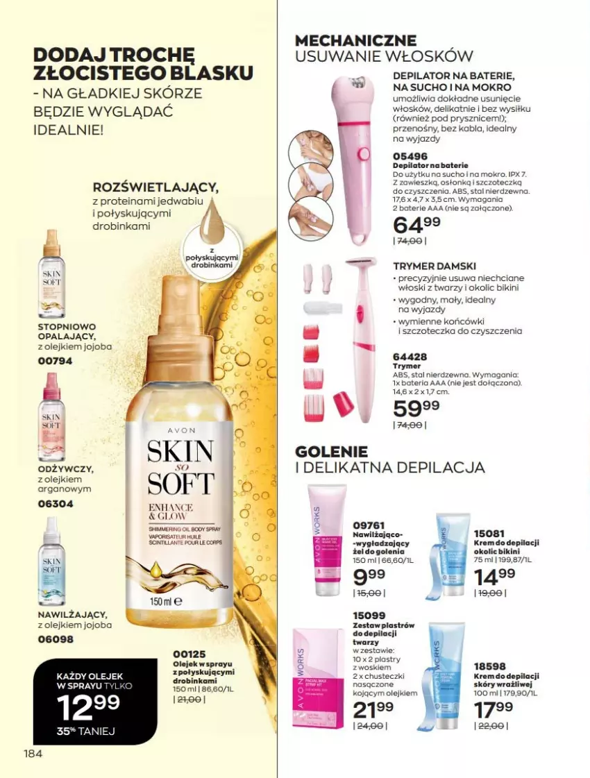 Gazetka promocyjna Avon - Katalog Avon 7/2021 kampania lipiec - ważna 01.07 do 31.07.2021 - strona 184 - produkty: Bateria, Bikini, Body, Chusteczki, Depilator, Inka, Krem do depilacji, Olej, Szczoteczka, Top