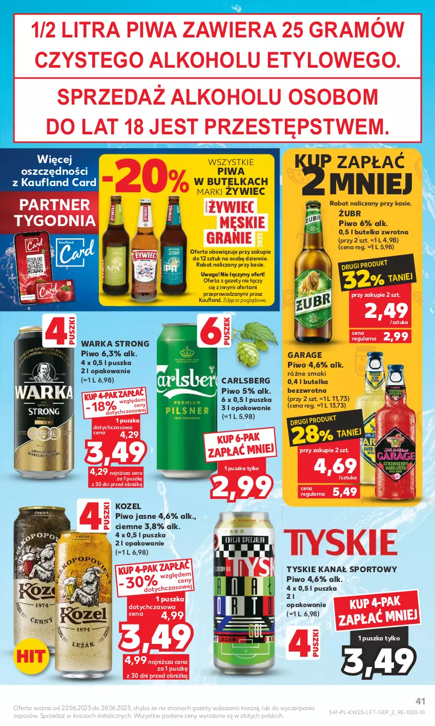 Gazetka promocyjna Kaufland - Gazetka tygodnia - ważna 22.06 do 28.06.2023 - strona 41 - produkty: Carlsberg, Gra, Kozel, Piwa, Piwo, Piwo jasne, Por, Sport, Tyskie, Waga, Warka