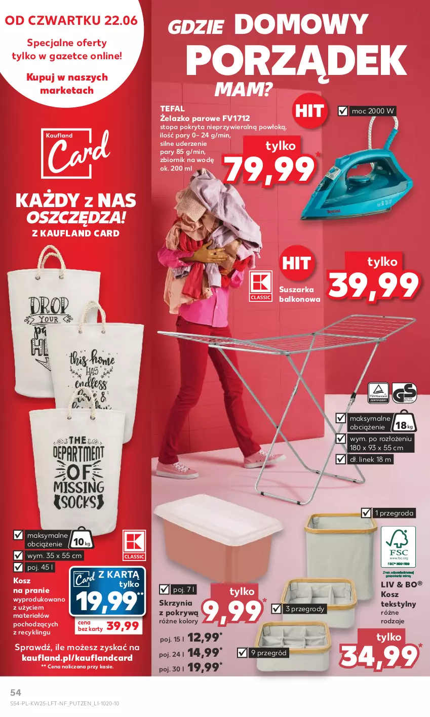 Gazetka promocyjna Kaufland - Gazetka tygodnia - ważna 22.06 do 28.06.2023 - strona 54 - produkty: Fa, Kosz, Por, Suszarka, Suszarka balkonowa, Tefal, Top