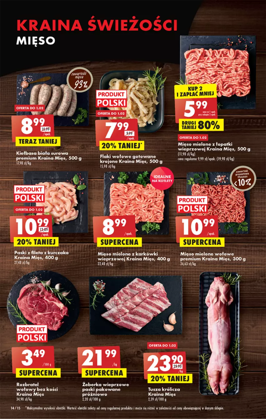 Gazetka promocyjna Biedronka - Gazetka - Biedronka.pl - ważna 30.01 do 04.02.2023 - strona 14 - produkty: Flaki, Flaki wołowe, Kiełbasa, Kiełbasa biała, Kurczak, Mięso, Mięso mielone, Mięso mielone z łopatki wieprzowej, Ocet, Tusz