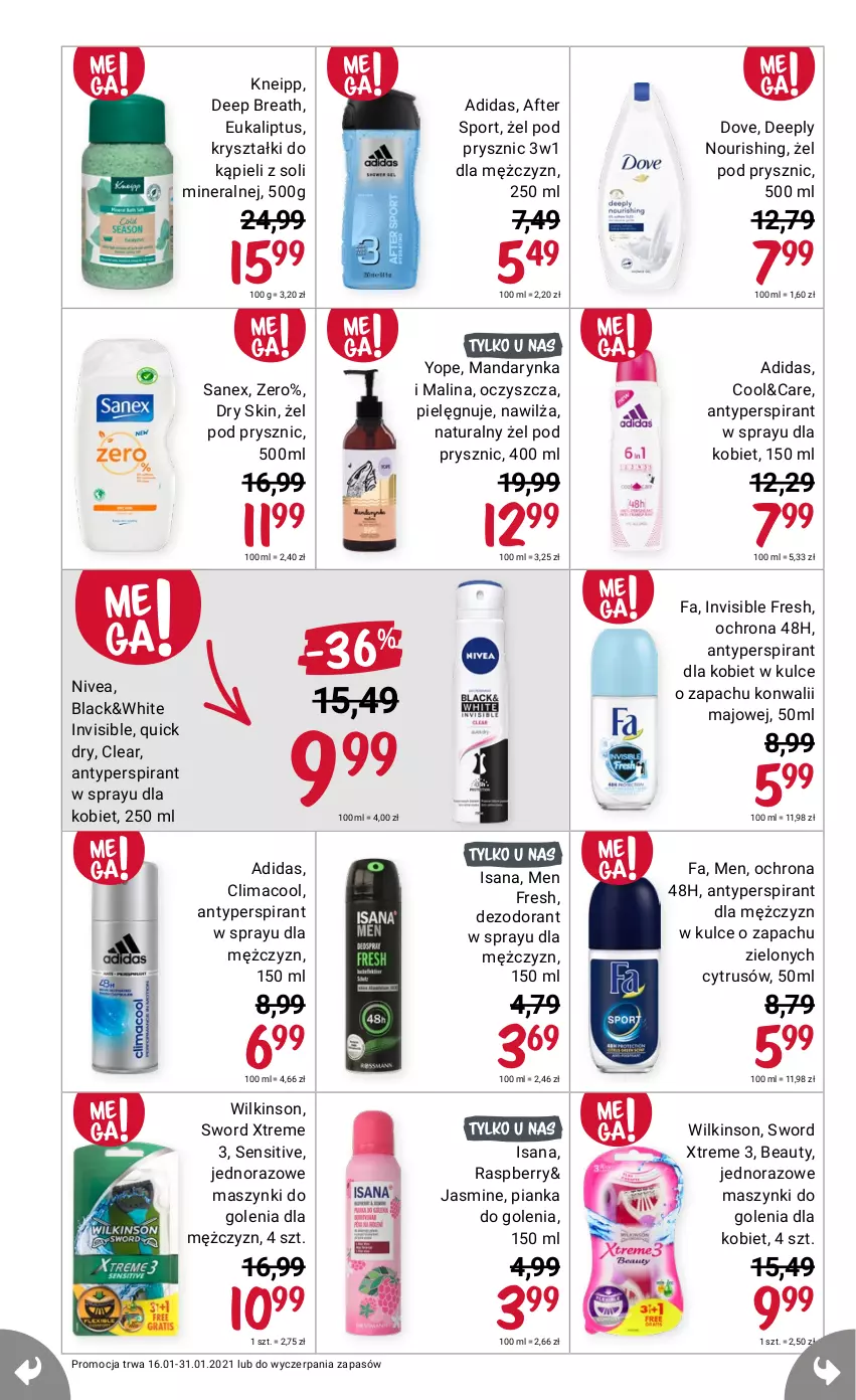 Gazetka promocyjna Rossmann - Mega przebija wszystko - ważna 16.01 do 31.01.2021 - strona 10 - produkty: Adidas, Antyperspirant, Dezodorant, Dove, Fa, Isana, Kneipp, Lack, Nivea, Pianka do golenia, Sanex, Yope