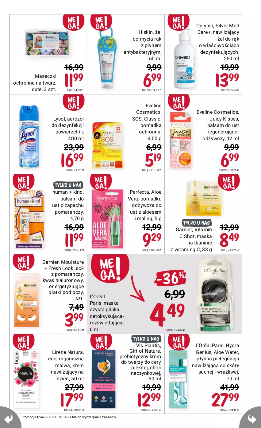 Gazetka promocyjna Rossmann - Mega przebija wszystko - ważna 16.01 do 31.01.2021 - strona 11 - produkty: Aloe vera, Balsam do ust, Eveline, Garnier, Gift of Nature, Inka, Krem do twarzy, L’Oréal, Lirene, Lysol, Maska, Perfecta, Sok, Sos