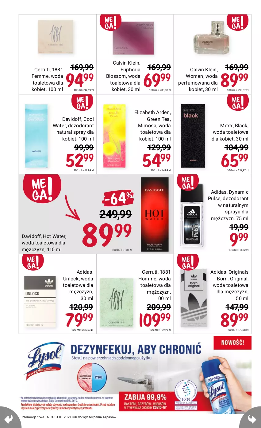 Gazetka promocyjna Rossmann - Mega przebija wszystko - ważna 16.01 do 31.01.2021 - strona 14 - produkty: Adidas, Calvin Klein, Cerruti, Davidoff, Dezodorant, Elizabeth Arden, Gin, Mimosa, Perfum, Woda, Woda perfumowana, Woda toaletowa