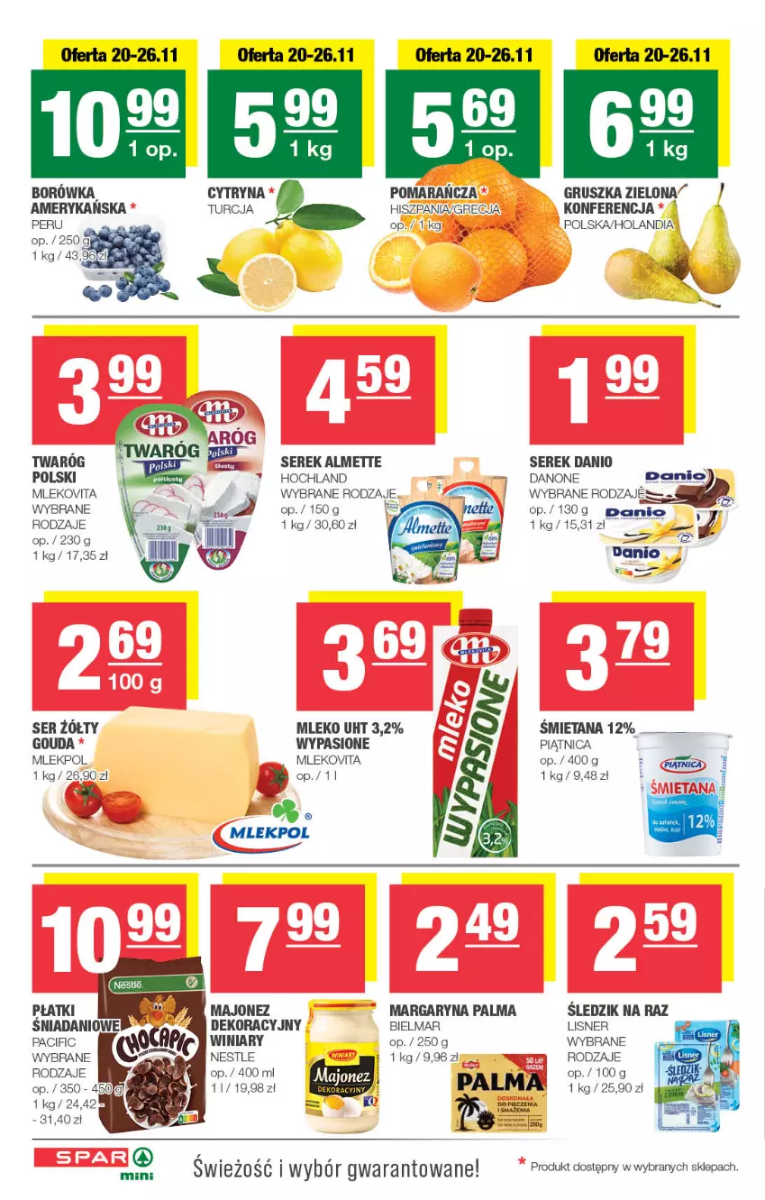 Gazetka promocyjna Spar - Spar-Mini - ważna 17.11 do 27.11.2024 - strona 2 - produkty: Almette, Borówka, Cif, Danio, Danone, Gouda, Hochland, LG, Lisner, Majonez, Margaryna, Mleko, Mlekovita, Palma, Piątnica, Ser, Serek, Twaróg, Winiary