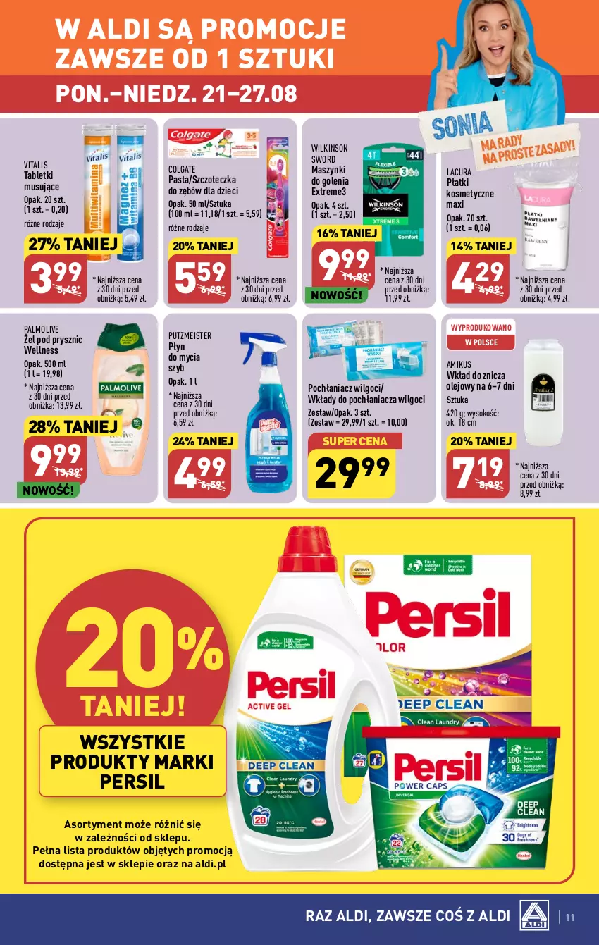 Gazetka promocyjna Aldi - Pełna oferta - ważna 21.08 do 27.08.2023 - strona 11 - produkty: Colgate, Dzieci, LG, Mus, Olej, Palmolive, Persil, Płatki kosmetyczne, Płyn do mycia, Pochłaniacz wilgoci, Putzmeister, Sok, Szczoteczka, Szczoteczka do zębów, Tablet, Tabletki musujące, Wilkinson Sword, Znicz