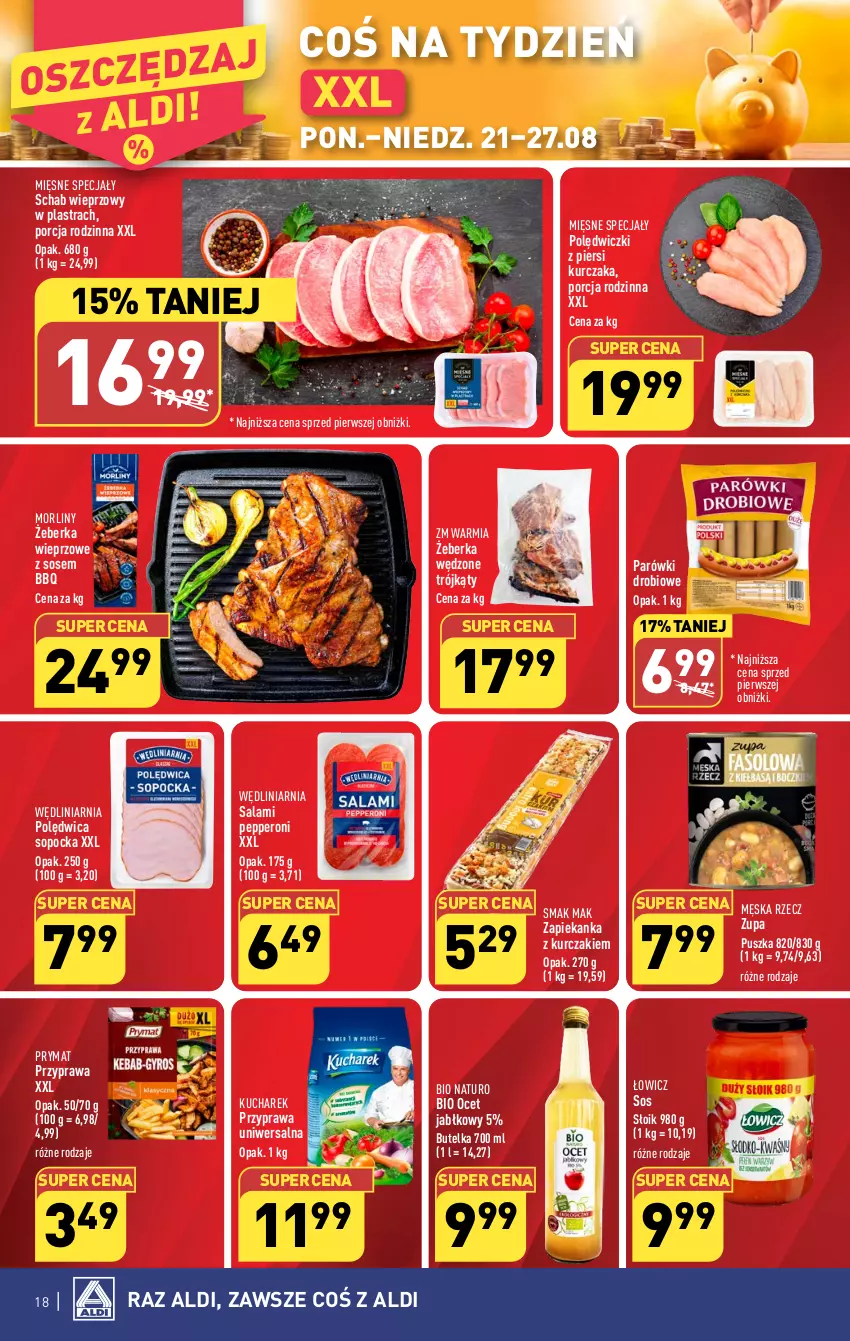 Gazetka promocyjna Aldi - Pełna oferta - ważna 21.08 do 27.08.2023 - strona 18 - produkty: Kucharek, Kurczak, Mięsne specjały, Morliny, Ocet, Parówki, Polędwica, Por, Prymat, Przyprawa uniwersalna, Salami, Schab wieprzowy, Sos, Zapiekanka, Zupa