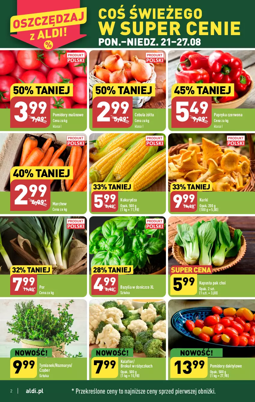 Gazetka promocyjna Aldi - Pełna oferta - ważna 21.08 do 27.08.2023 - strona 2 - produkty: Bazyl, Bazylia, Cebula, Kalafior, Kukurydza, Papryka, Papryka czerwona, Pomidory, Por