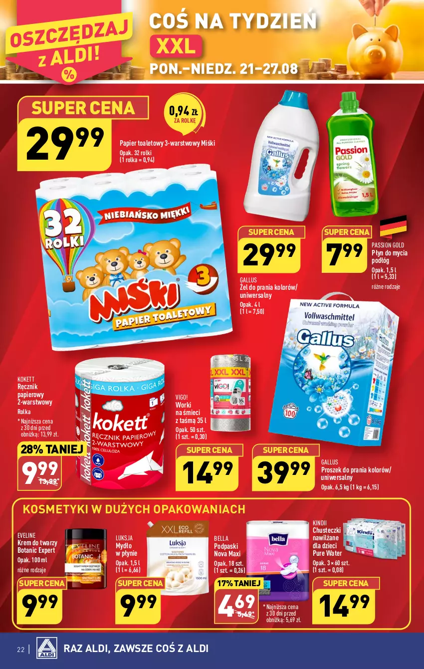 Gazetka promocyjna Aldi - Pełna oferta - ważna 21.08 do 27.08.2023 - strona 22 - produkty: Bell, Bella, Chusteczki, Dzieci, Eveline, Kindii, Krem do twarzy, Luksja, Mydło, Mydło w płynie, Papier, Papier toaletowy, Płyn do mycia, Płyn do mycia podłóg, Podpaski, Proszek do prania, Pur, Ręcznik, Rolki, Worki na śmiec, Worki na śmieci