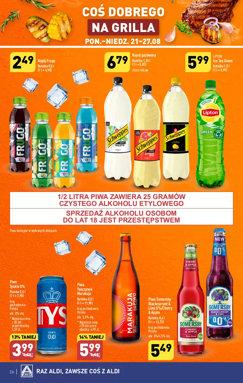 Gazetka promocyjna Aldi - Pełna oferta - ważna 21.08 do 27.08.2023 - strona 26 - produkty: Gra, Grill, Ice tea, Lack, Lipton, Napój, Napój gazowany, Piwa, Piwo, Somersby, Tyskie