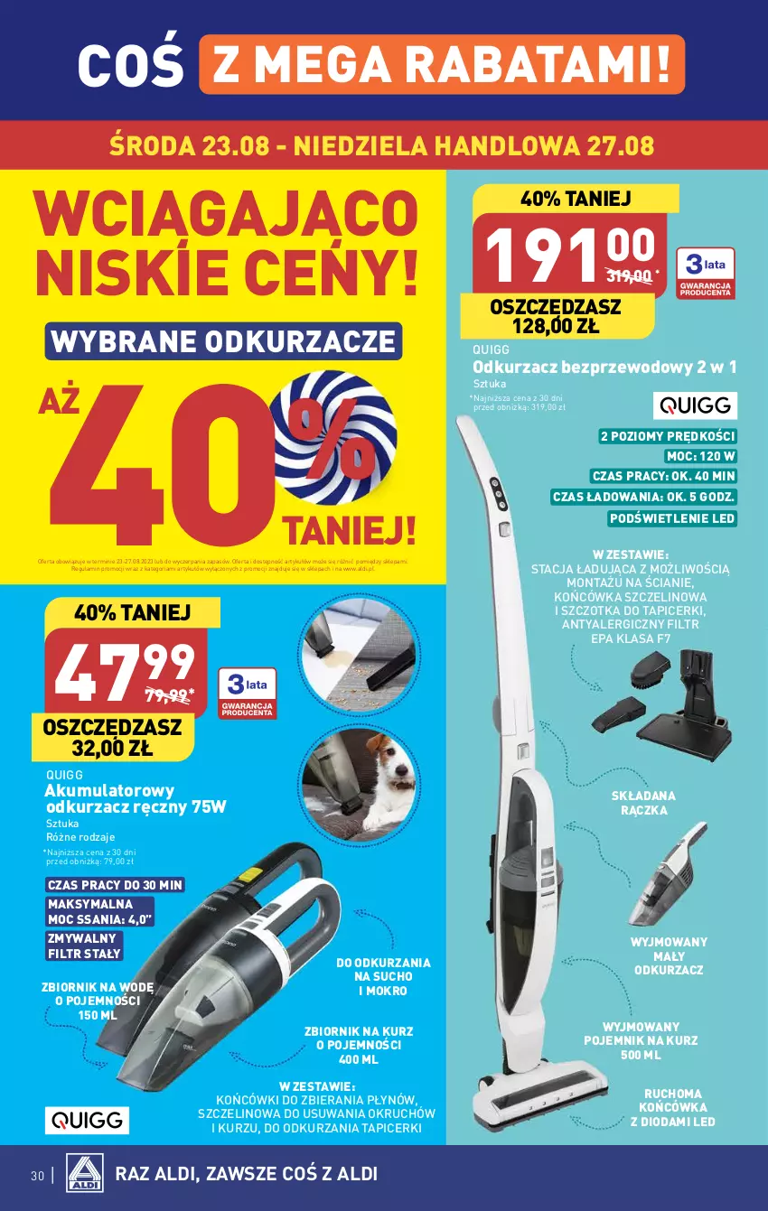 Gazetka promocyjna Aldi - Pełna oferta - ważna 21.08 do 27.08.2023 - strona 30 - produkty: Akumulator, Odkurzacz, Odkurzacz bezprzewodowy, Odkurzacze, Pojemnik, Szczotka