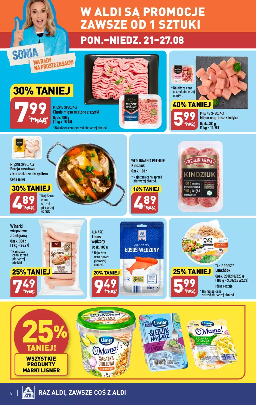 Gazetka promocyjna Aldi - Pełna oferta - ważna 21.08 do 27.08.2023 - strona 8 - produkty: Kindziuk, Kurczak, Lisner, Mięsne specjały, Mięso, Mięso mielone, Mięso mielone z szynki, Mięso na gulasz, Por