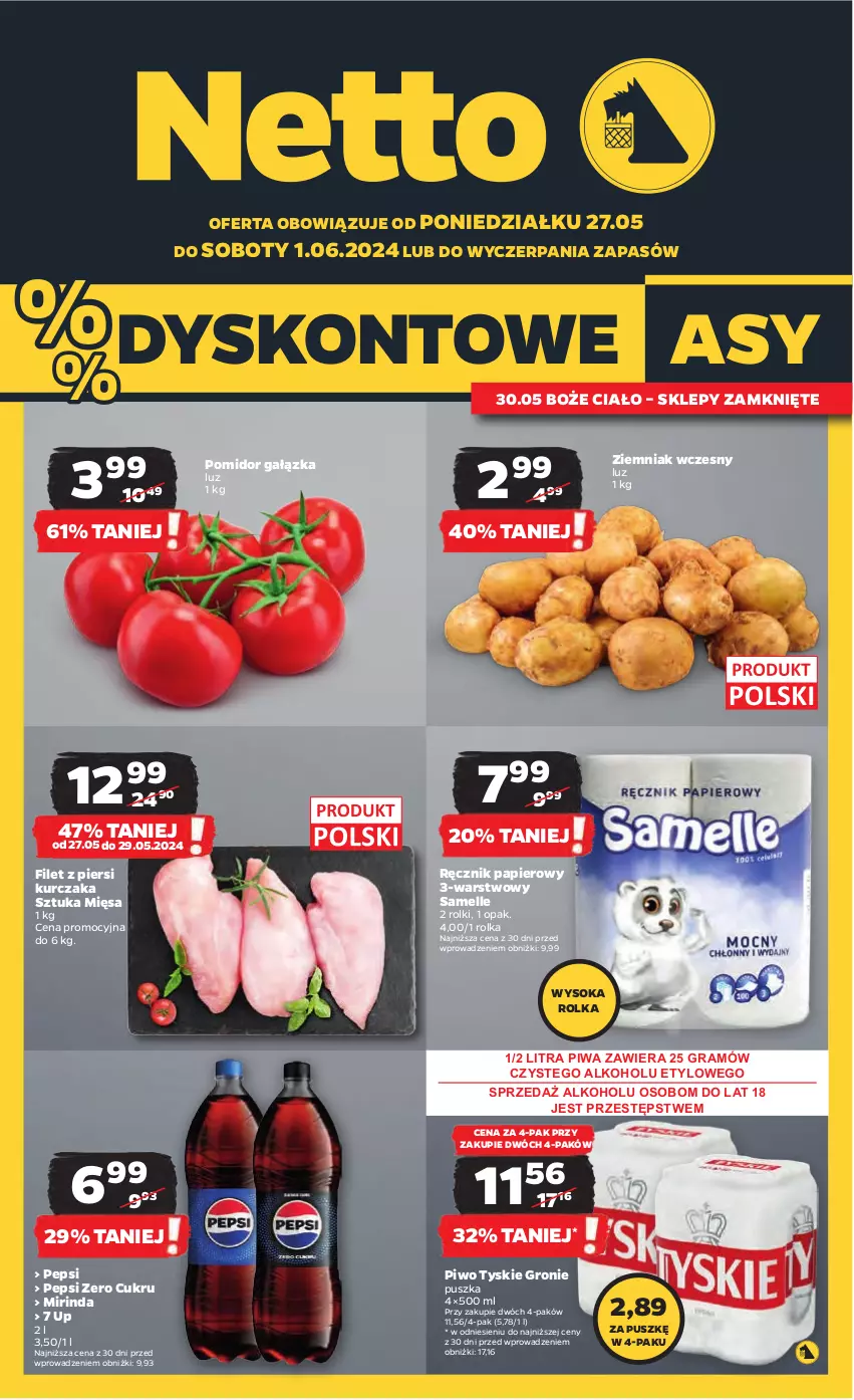 Gazetka promocyjna Netto - Artykuły spożywcze - ważna 27.05 do 01.06.2024 - strona 1 - produkty: Filet z piersi kurczaka, Gra, Kurczak, Mirinda, Papier, Pepsi, Piwa, Piwo, Ręcznik, Rolki, Sok, Tyskie