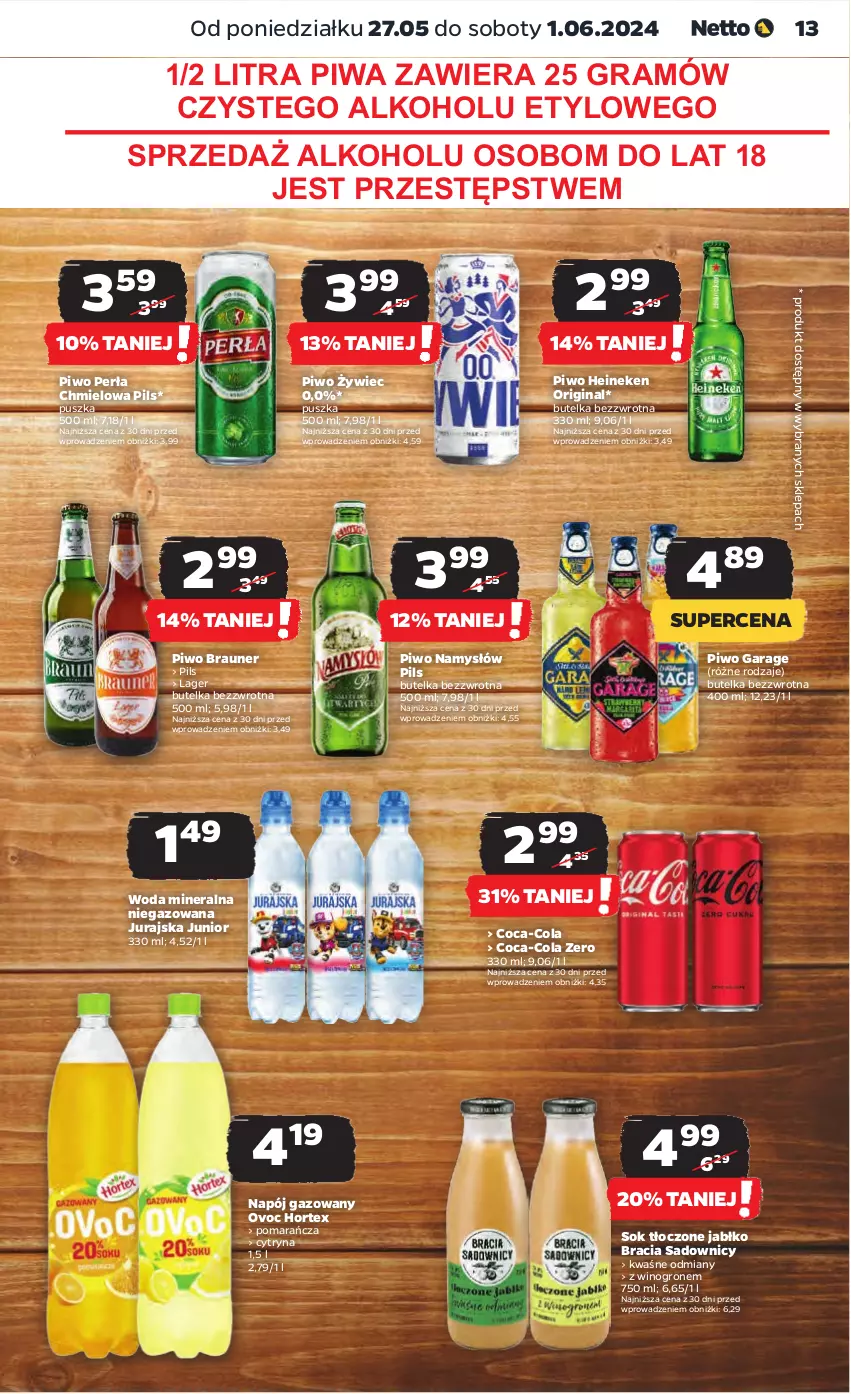 Gazetka promocyjna Netto - Artykuły spożywcze - ważna 27.05 do 01.06.2024 - strona 13 - produkty: Braun, Coca-Cola, Gin, Gra, Heineken, Hortex, Namysłów, Napój, Napój gazowany, Perła, Piwa, Piwo, Sok, Wino, Woda, Woda mineralna