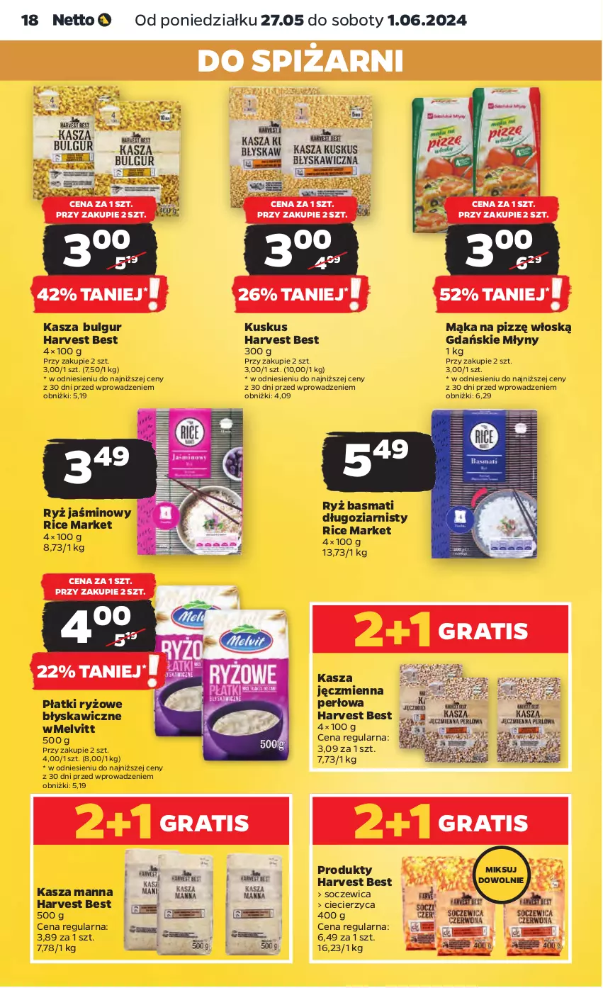 Gazetka promocyjna Netto - Artykuły spożywcze - ważna 27.05 do 01.06.2024 - strona 18 - produkty: Bulgur, Gra, Kasza, Kasza jęczmienna, Kuskus, LG, Mąka, Melvit, Płatki ryżowe, Ryż, Ryż basmati