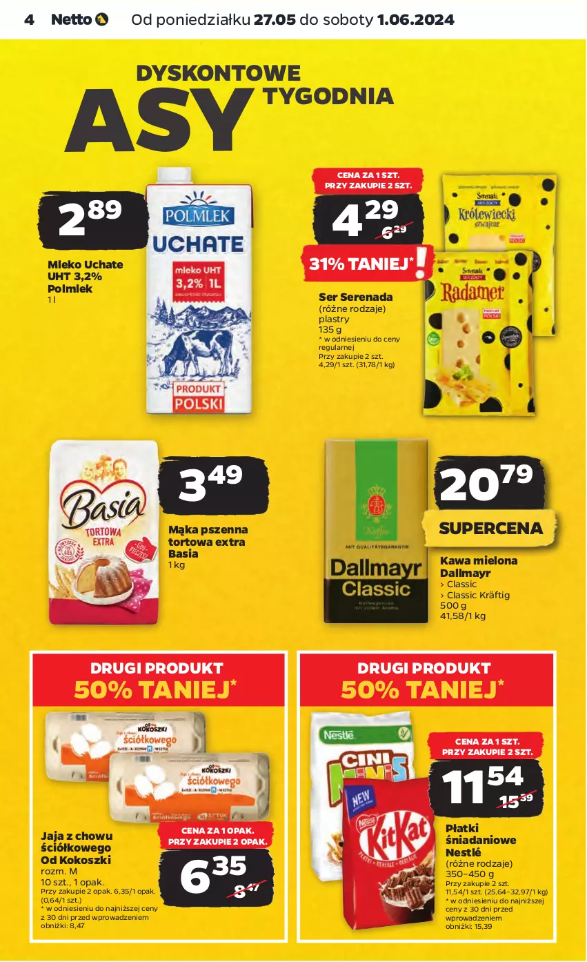 Gazetka promocyjna Netto - Artykuły spożywcze - ważna 27.05 do 01.06.2024 - strona 4 - produkty: Basia, Dallmayr, Danio, Jaja, Kawa, Kawa mielona, Kokos, Kosz, Mąka, Mąka pszenna, Mleko, Nestlé, POLMLEK, Ser