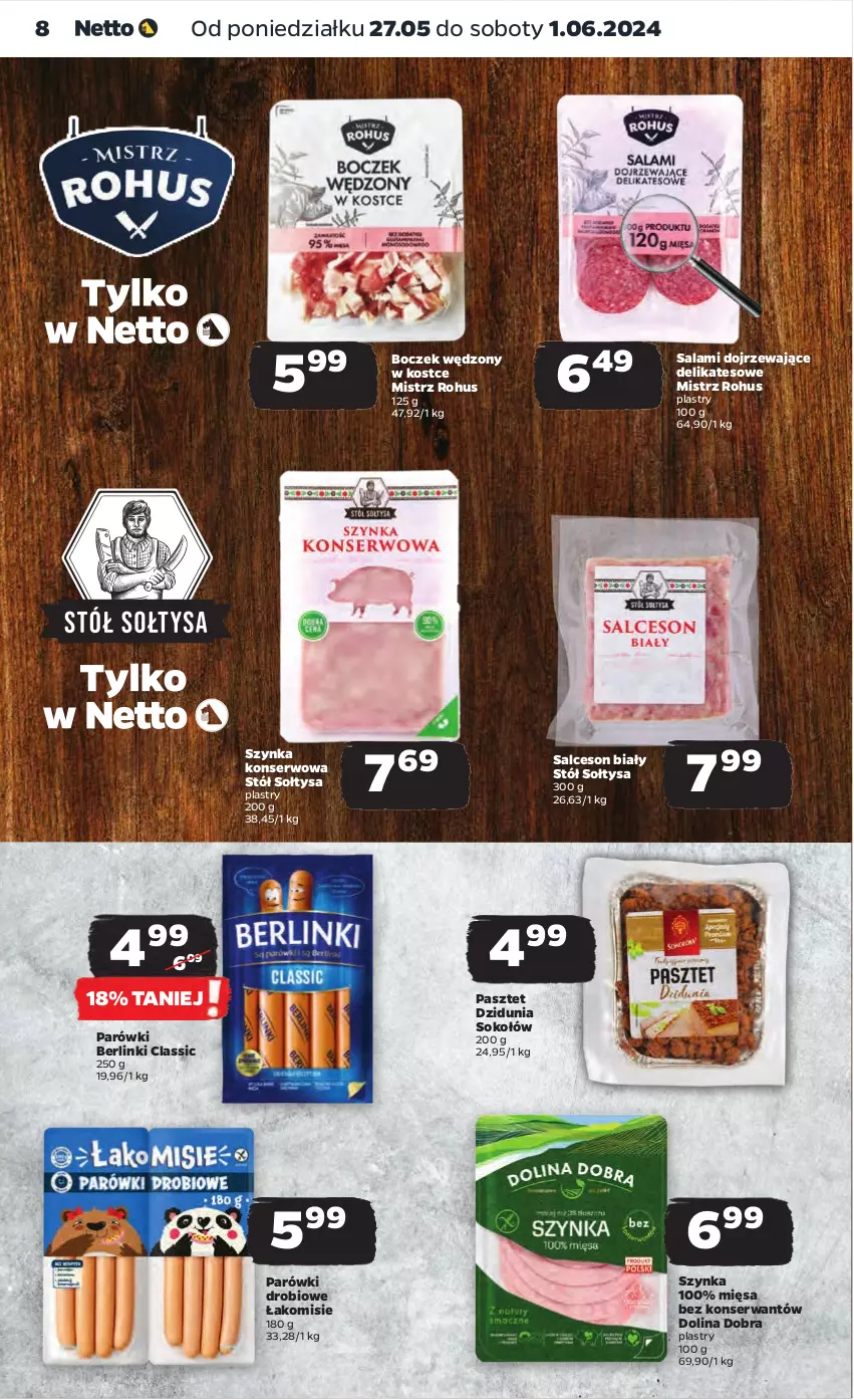 Gazetka promocyjna Netto - Artykuły spożywcze - ważna 27.05 do 01.06.2024 - strona 8 - produkty: Berlinki, Boczek, Parówki, Pasztet, Salami, Salceson, Ser, Sok, Sokołów, Stół, Szynka, Szynka konserwowa