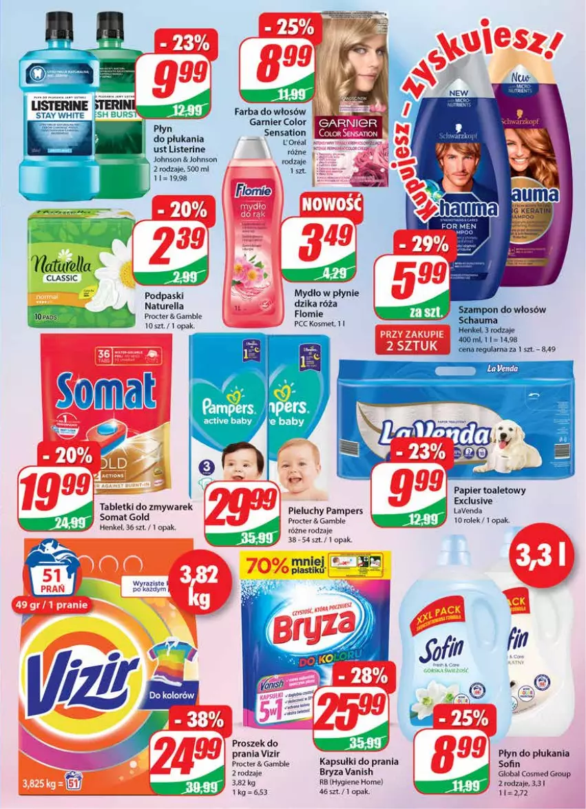 Gazetka promocyjna Dino - Gazetka - ważna 03.03 do 09.03.2021 - strona 23 - produkty: Baby O, Bryza, Dzika róża, Fa, Farba do włosów, Garnier, Kapsułki do prania, Listerine, Mydło, Mydło w płynie, Naturell, Naturella, Pampers, Papier, Papier toaletowy, Pieluchy, Płyn do płukania, Podpaski, Proszek do prania, Róża, Somat, Somat gold, Tablet, Vanish, Vizir