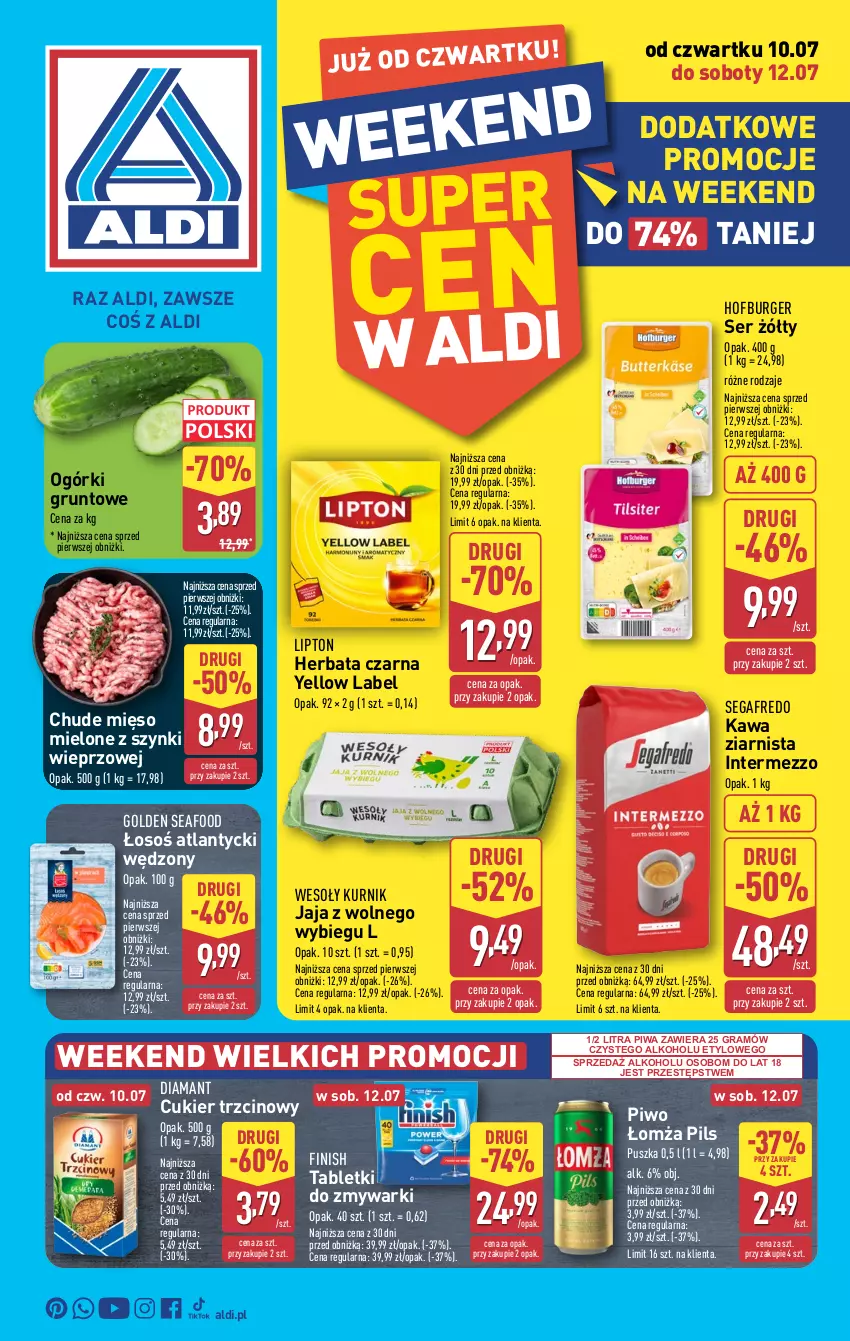 Gazetka promocyjna Aldi - Oferta weekendowa - ważna 10.07 do 12.07.2025 - strona 1 - produkty: Burger, Cukier, Cukier trzcinowy, Diamant, Finish, Golden Seafood, Gra, Grunt, Herbata, Herbata czarna, Hofburger, Jaja, Jaja z wolnego wybiegu, Kawa, Kawa ziarnista, Lipton, Mięso, Piwa, Piwo, Segafredo, Ser, Tablet, Tabletki do zmywarki, Zmywarki
