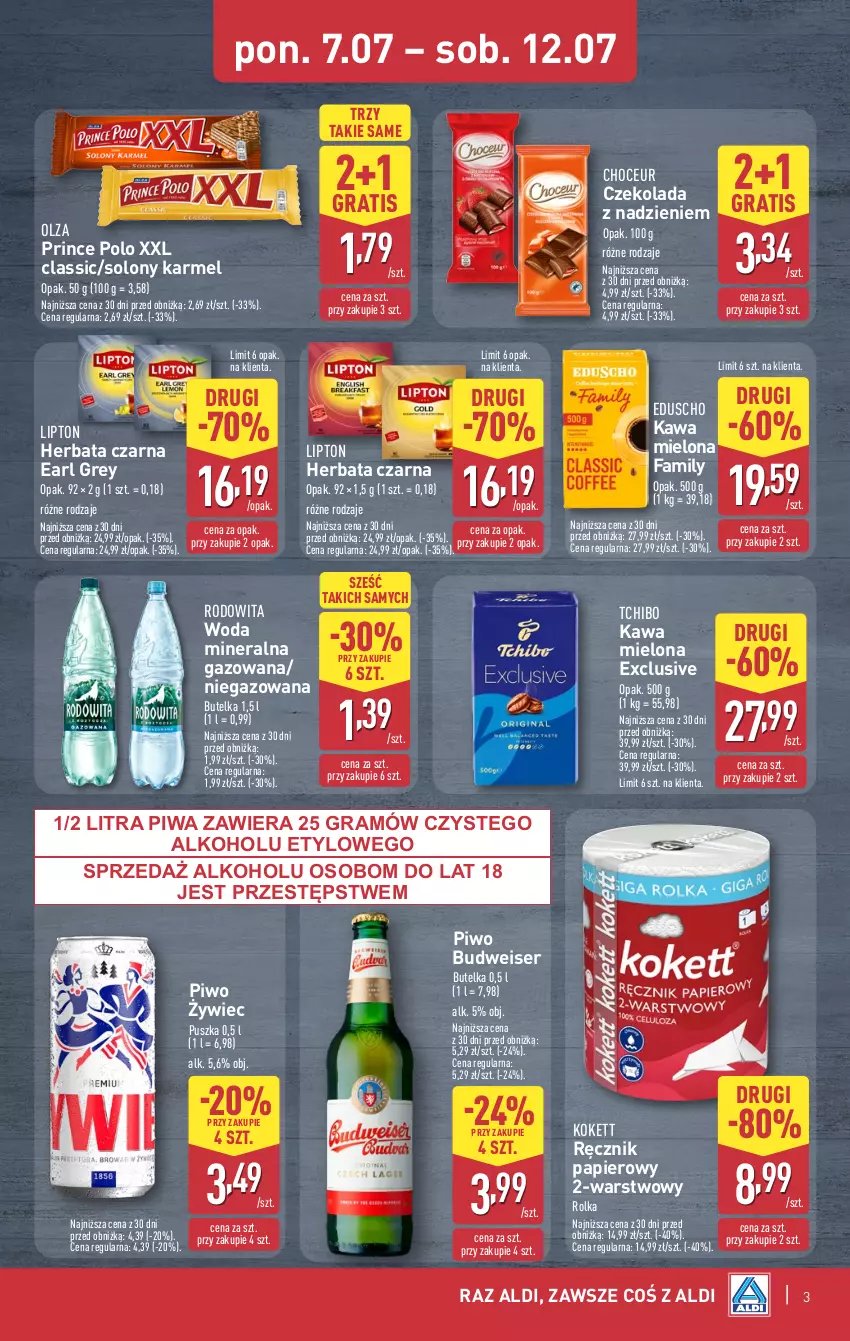 Gazetka promocyjna Aldi - Oferta weekendowa - ważna 10.07 do 12.07.2025 - strona 3 - produkty: Czekolada, Earl Grey, Fa, Gra, Herbata, Herbata czarna, Kawa, Kawa mielona, Lipton, Papier, Piwa, Piwo, Prince Polo, Ręcznik, Ser, Tchibo, Woda, Woda mineralna