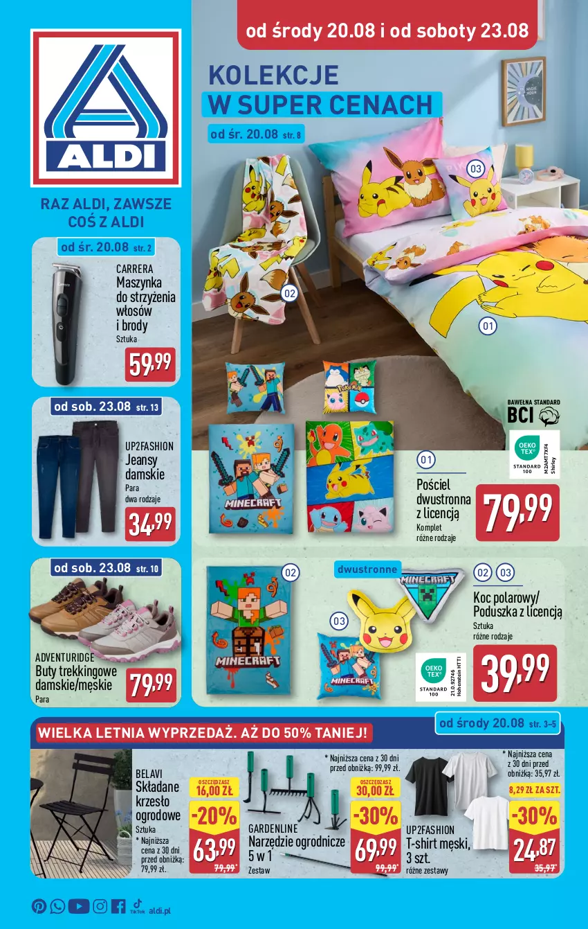 Gazetka promocyjna Aldi - Artykuły przemysłowe i tekstylia - ważna 20.08 do 23.08.2025 - strona 1 - produkty: Buty, Carrera, Fa, Koc, Krzesło, Krzesło ogrodowe, Maszynka, Poduszka, Pościel, Pościel dwustronna, Szynka, T-shirt