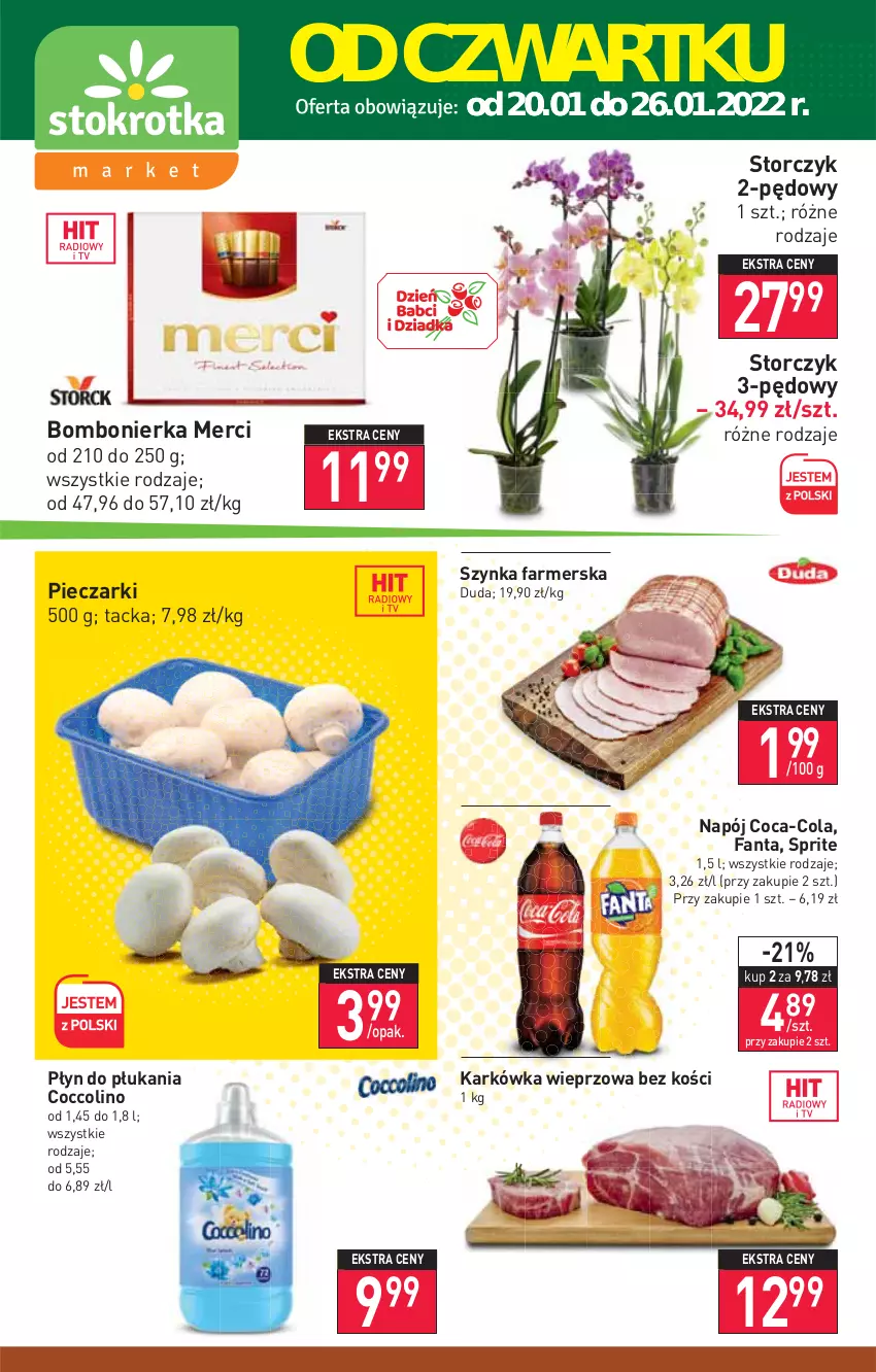 Gazetka promocyjna Stokrotka - Market - ważna 20.01 do 26.01.2022 - strona 1 - produkty: Coca-Cola, Coccolino, Duda, Fa, Fanta, Karkówka wieprzowa, Merci, Napój, Piec, Płyn do płukania, Sprite, Storczyk, Szynka, Szynka farmerska