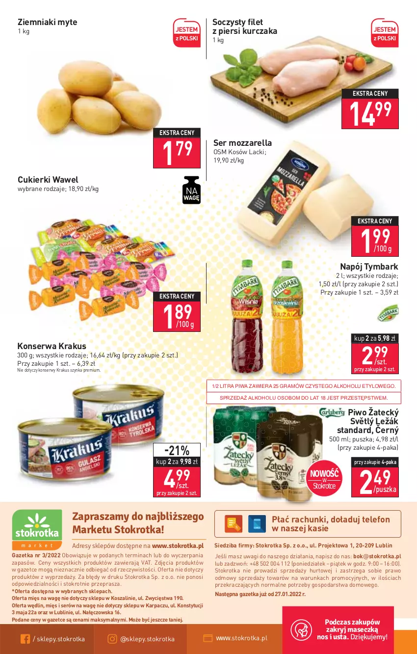 Gazetka promocyjna Stokrotka - Market - ważna 20.01 do 26.01.2022 - strona 12 - produkty: Cukier, Cukierki, Filet z piersi kurczaka, Gra, Karp, Kosz, Krakus, Kurczak, Lack, Mozzarella, Napój, O nas, Piwa, Piwo, Ser, Szal, Szynka, Szynka premium, Telefon, Tymbark, Wagi, Wawel, Ziemniaki