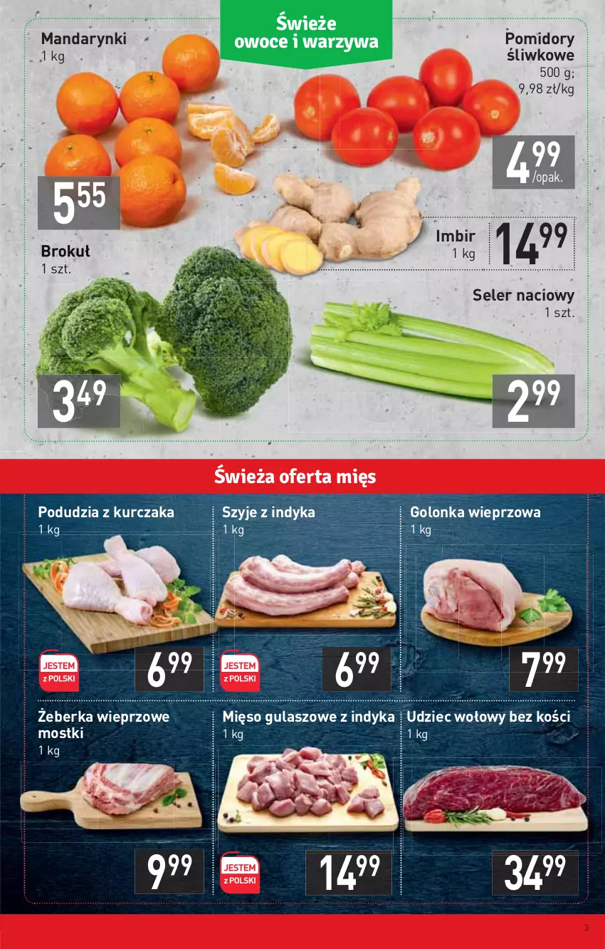 Gazetka promocyjna Stokrotka - Market - ważna 20.01 do 26.01.2022 - strona 3 - produkty: Golonka wieprzowa, Imbir, Kurczak, Mandarynki, Mięso, Pomidory, Seler naciowy, Udziec wołowy