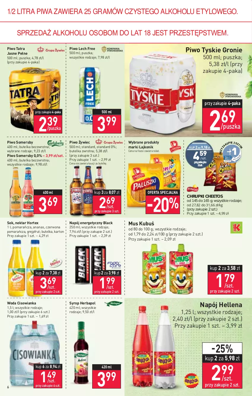 Gazetka promocyjna Stokrotka - Market - ważna 20.01 do 26.01.2022 - strona 6 - produkty: Ananas, Cheetos, Chrupki, Cisowianka, Gra, Grejpfrut, Hellena, Herbapol, Hortex, Kubuś, Lack, Lajkonik, Mus, Napój, Napój energetyczny, Nektar, Piwa, Piwo, Sok, Somersby, Syrop, Tatra, Tyskie, Woda