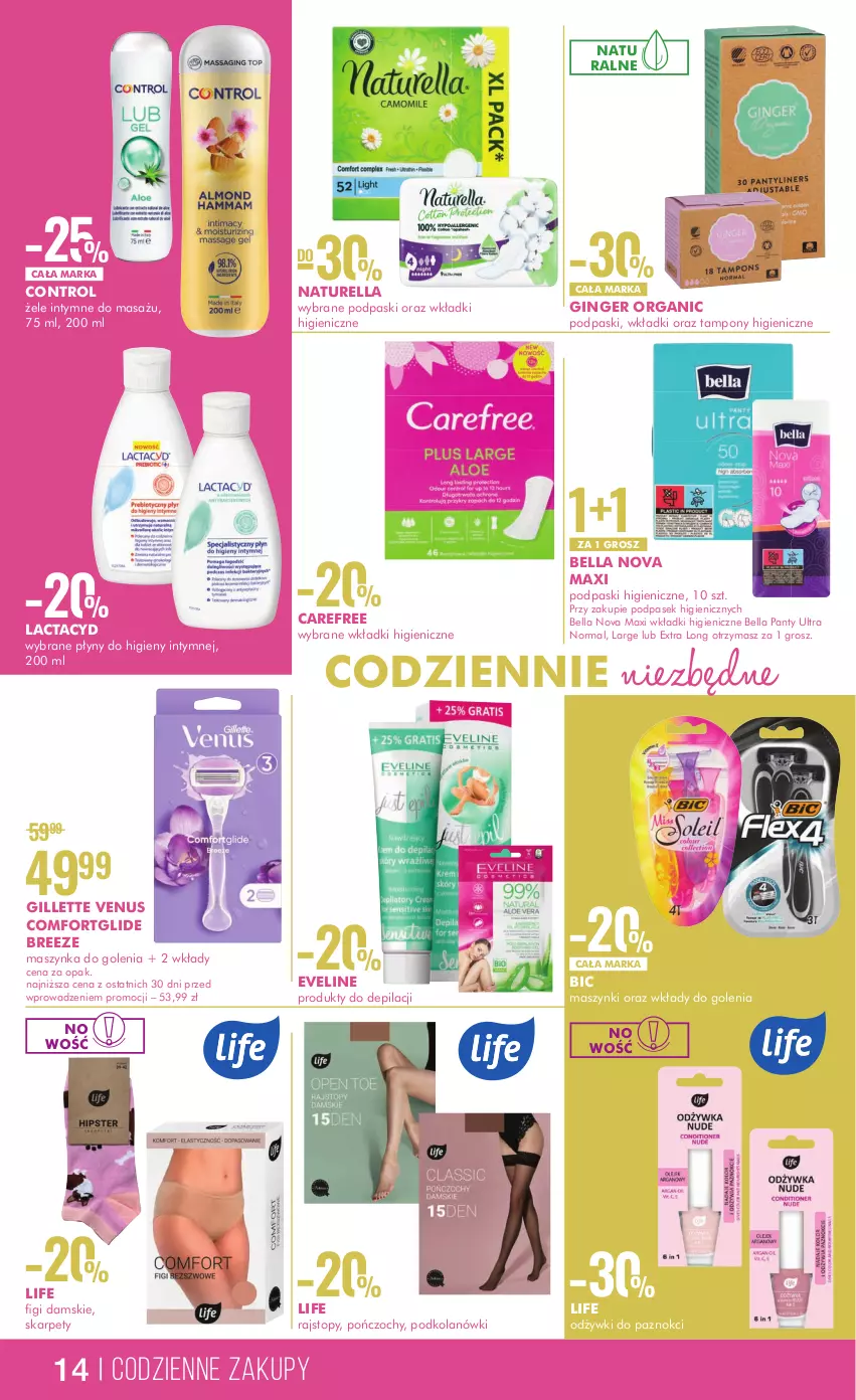 Gazetka promocyjna Super Pharm - Gazetka - ważna 16.05 do 31.05.2023 - strona 14 - produkty: Bell, Bella, BIC, Carefree, Control, Eveline, Gillette, Gillette Venus, Gin, Karp, Lactacyd, Maszynka, Maszynka do golenia, Naturell, Naturella, Pasek, Podpaski, Pończochy, Rajstopy, Szynka, Tampony, Top, Venus, Wkładki