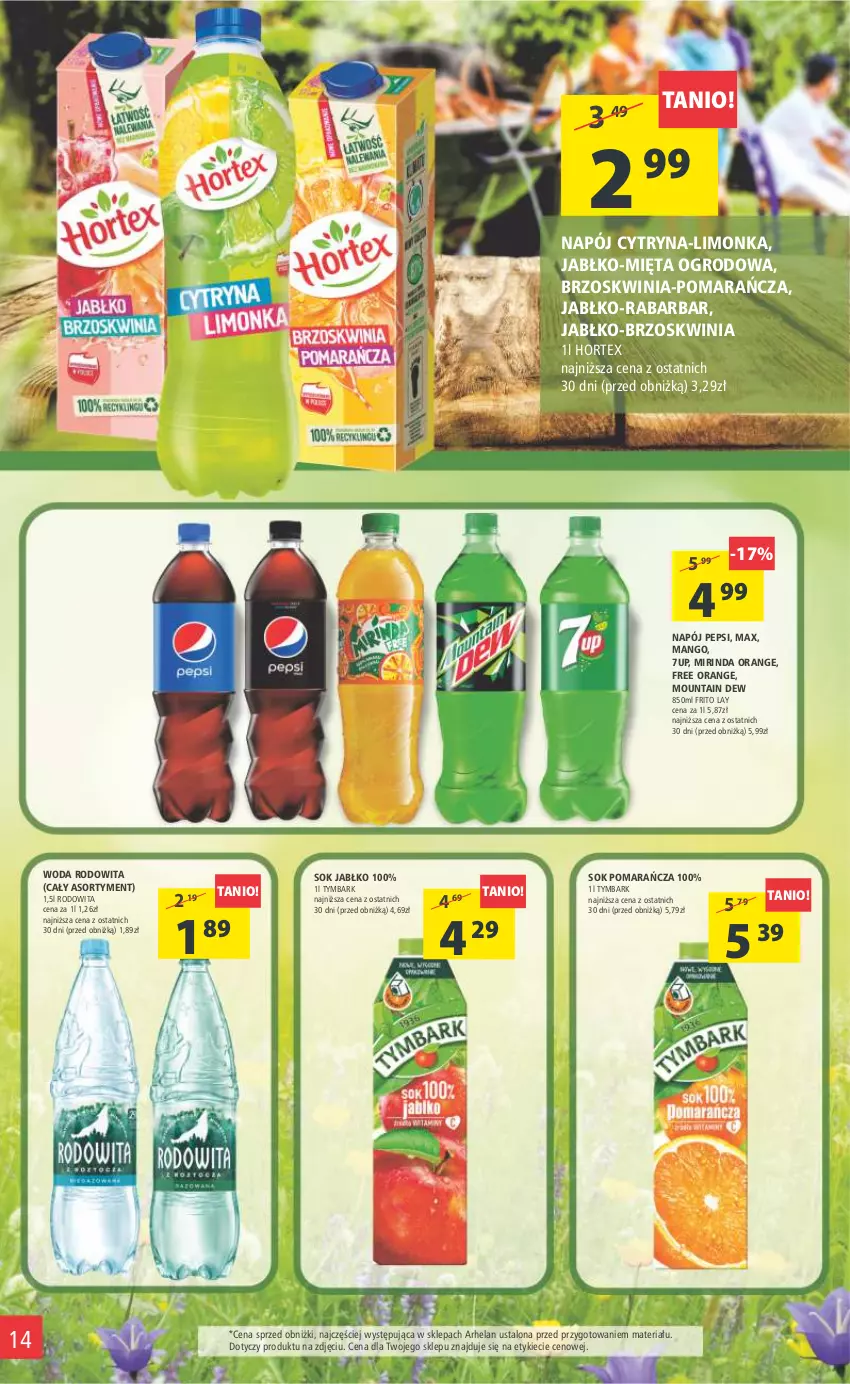 Gazetka promocyjna Arhelan - Gazetka - ważna 21.04 do 30.04.2023 - strona 14 - produkty: 7up, Hortex, Limonka, Mango, Mięta, Mirinda, Napój, Pepsi, Sok, Tymbark, Woda