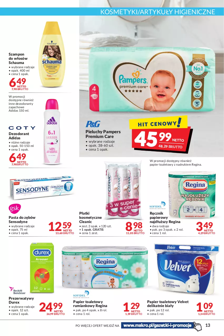 Gazetka promocyjna Makro - [Oferta promocyjna] Artykuły spożywcze i przemysłowe - ważna 31.05 do 13.06.2022 - strona 13 - produkty: Adidas, Cleanic, Dezodorant, Durex, Gin, Gra, Pampers, Papier, Papier toaletowy, Pasta do zębów, Pieluchy, Płatki kosmetyczne, Prezerwatyw, Ręcznik, Rum, Schauma, Sensodyne, Szampon, Velvet