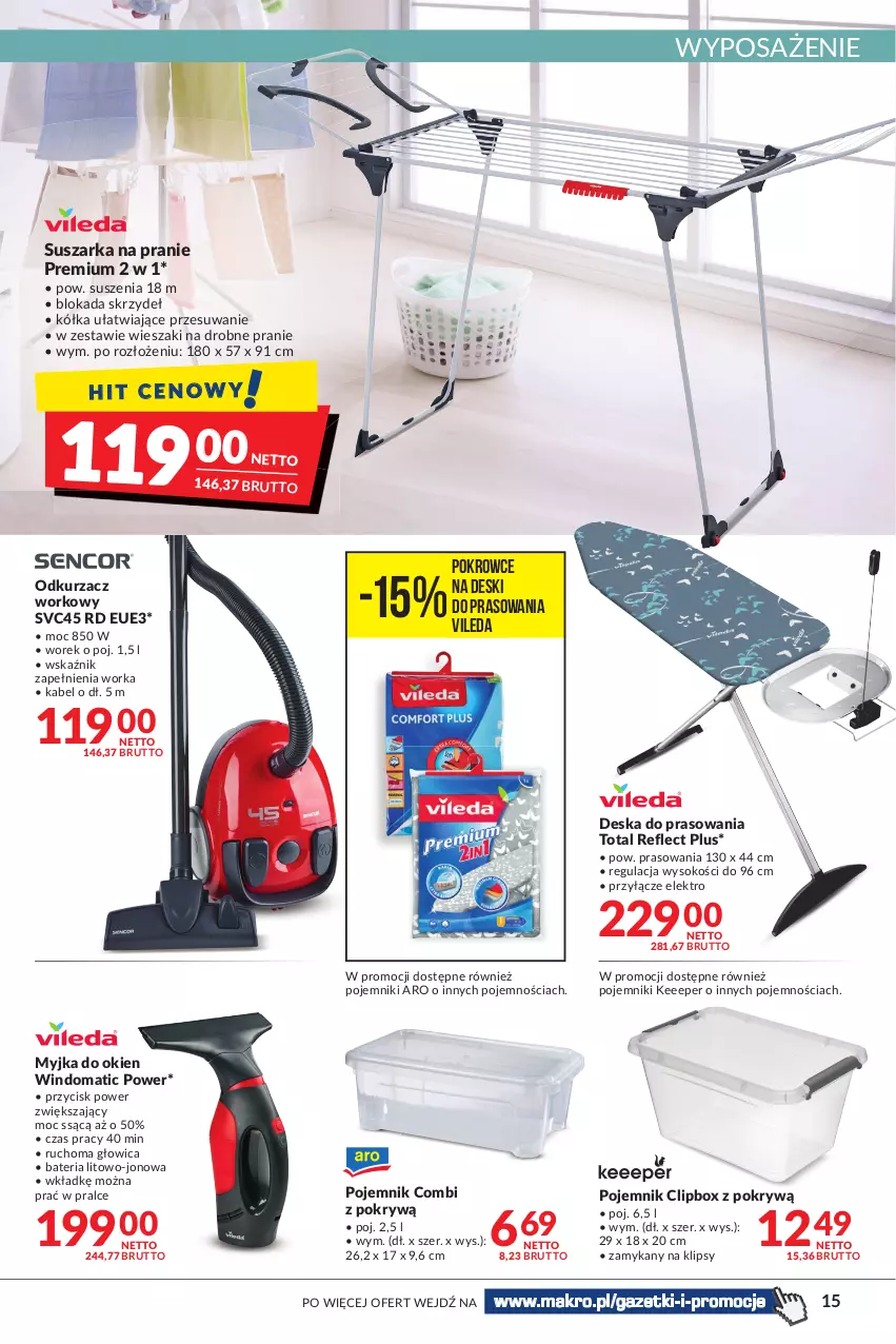 Gazetka promocyjna Makro - [Oferta promocyjna] Artykuły spożywcze i przemysłowe - ważna 31.05 do 13.06.2022 - strona 15 - produkty: Bateria, Deska do prasowania, Myjka do okien, Odkurzacz, Orka, Pojemnik, Sok, Suszarka, Suszarka na pranie, Vileda, Wieszak