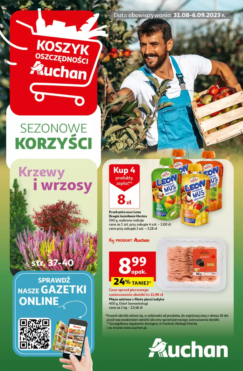 Gazetka promocyjna Auchan - Gazetka Sezonowe korzyści Hipermarket Auchan - ważna 31.08 do 06.09.2023 - strona 1 - produkty: Hortex, Leon, Mięso, Mięso mielone, Mus