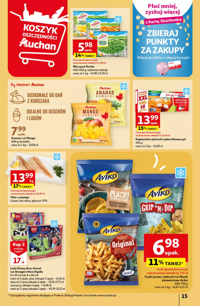 Gazetka promocyjna Auchan - Gazetka Sezonowe korzyści Hipermarket Auchan - ważna 31.08 do 06.09.2023 - strona 15 - produkty: Deser, Disney, Filet z mintaja, Glazura, Hortex, Kawa, Kosz, Kurczak, Lazur, Lody, Mintaj, Paluszki rybne, Ser, Warzywa