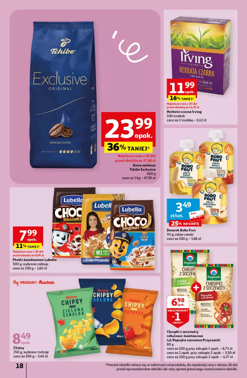 Gazetka promocyjna Auchan - Gazetka Sezonowe korzyści Hipermarket Auchan - ważna 31.08 do 06.09.2023 - strona 18 - produkty: Bell, Bella, Chipsy, Chrupki, Danio, Deser, Fa, Gin, Herbata, Herbata czarna, Irving, Kawa, Kawa mielona, Lubella, Marchewka, Morela, Olej, Papryka, Papryka czerwona, Przysnacki, Ser, Serek, Sos, Tchibo